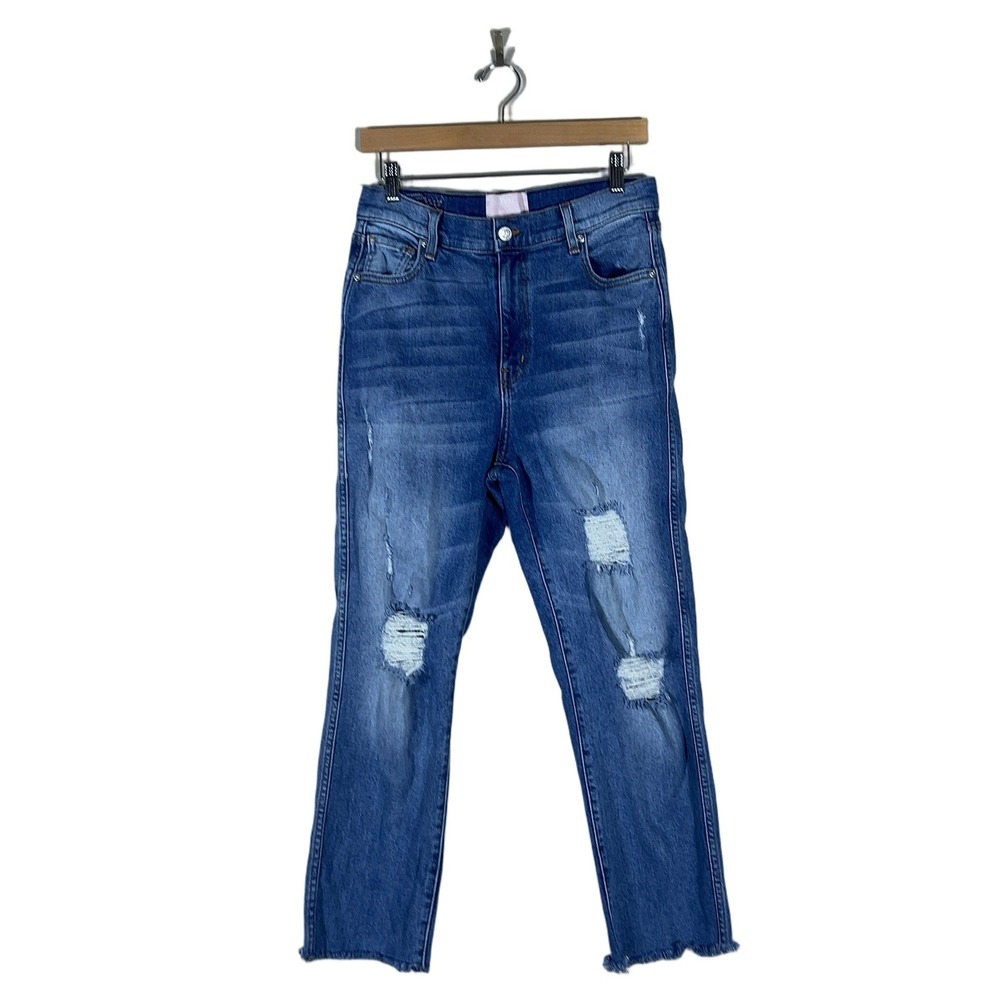 Revice Denim Distressed Straight Leg Jeans Blue Medium Wash Raw Hem Size 32